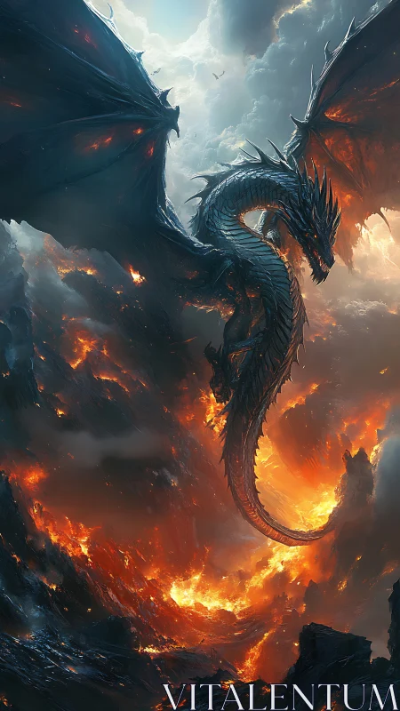 Infernal dragon circling molten volcanic chasm in flight.