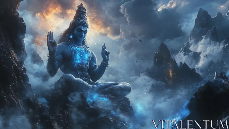 Majestic blue deity meditates above storm-laden mountains