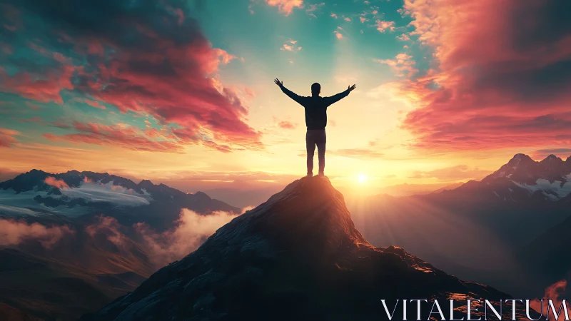 Silhouette on mountain summit under layered sunset sky.