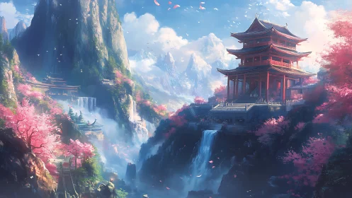 Digital painting of mountain temple terraces with waterfalls.