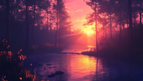 Serene river at sunset with vivid orange and pink light.