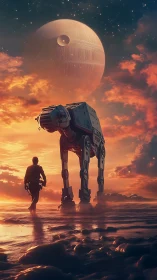 Human and quadruped walker traverse wet terrain at sunset