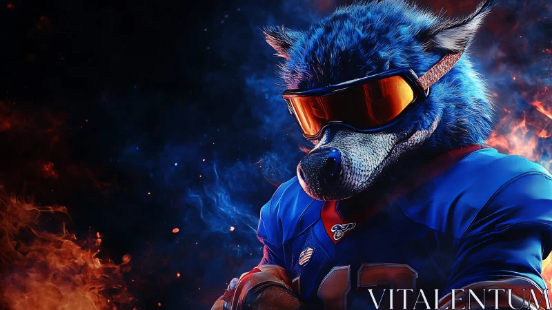 Blue wolf quarterback in fiery digital sports portrait.