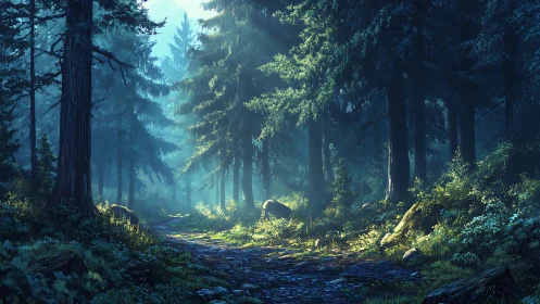 Sunlit Forest Path Through Ancient Trees.