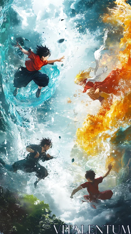 Elemental duel unites anime warriors amid water and fire vortex