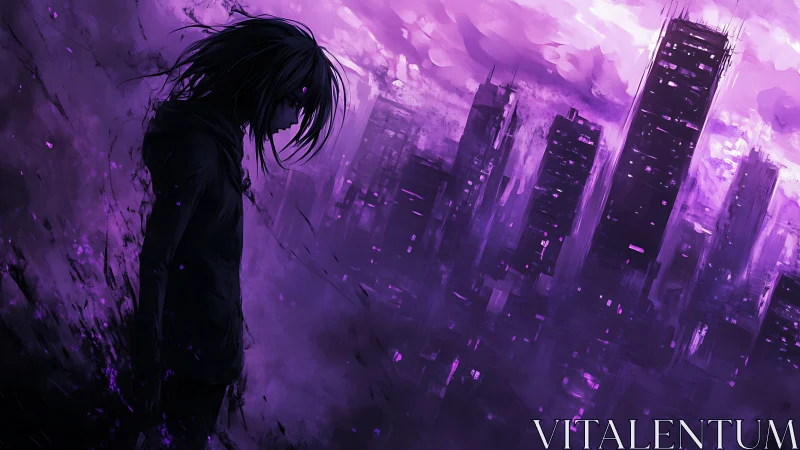 Solitary figure before abstract purple urban skyline.