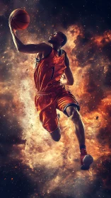 Dynamic basketball dunker in fiery nebula-style explosion backdrop.