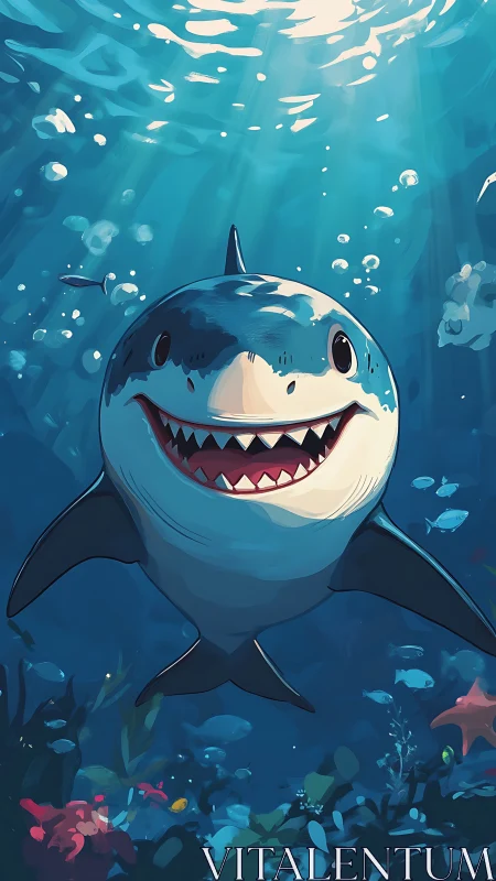 Smiling cartoon shark swims toward viewer in bright blue sea