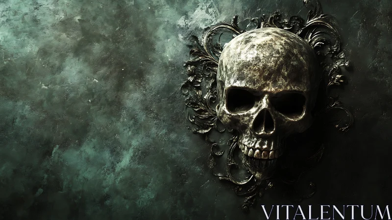 Metallic human skull relief is mounted on textured dark wall