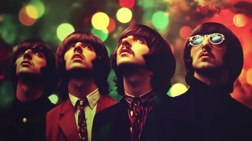 Retro quartet portrait under vibrant bokeh lights.