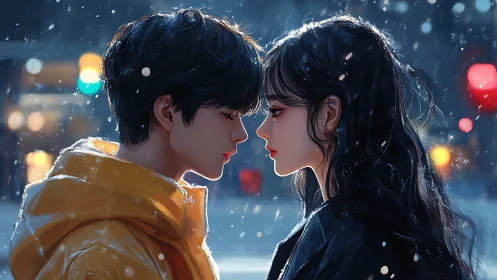 Winter Romance: Two Figures in Falling Snow.