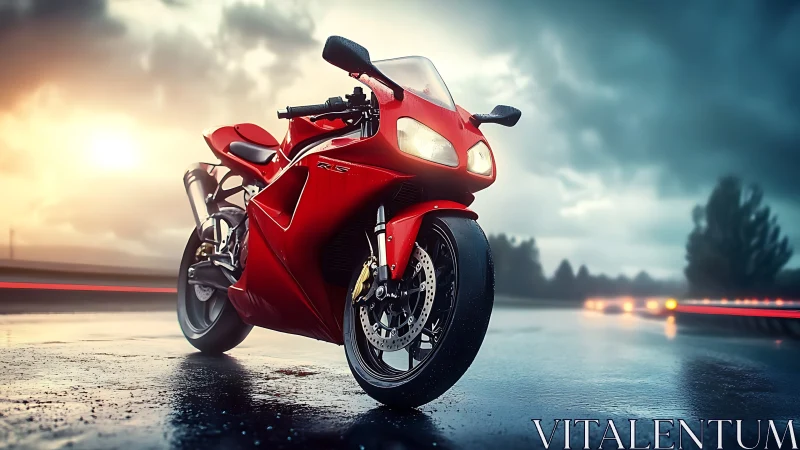 Red supersport motorcycle dominates wet highway at dusk