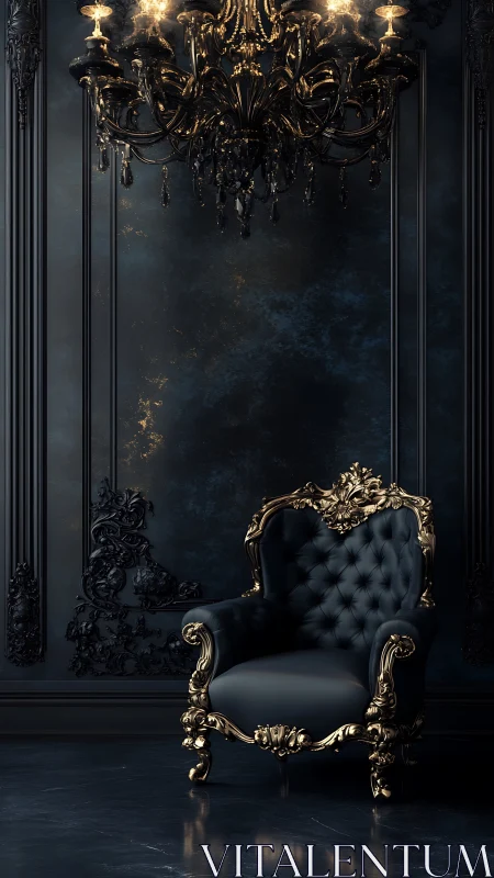 Baroque black throne under ornate gold chandelier glow.