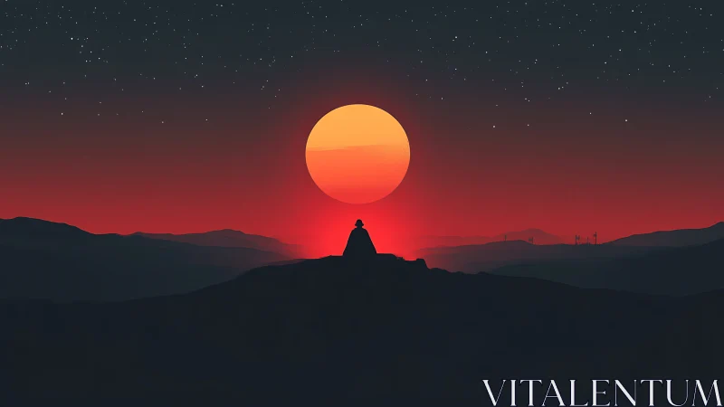 Solitary figure watches oversized sunset over dark hills