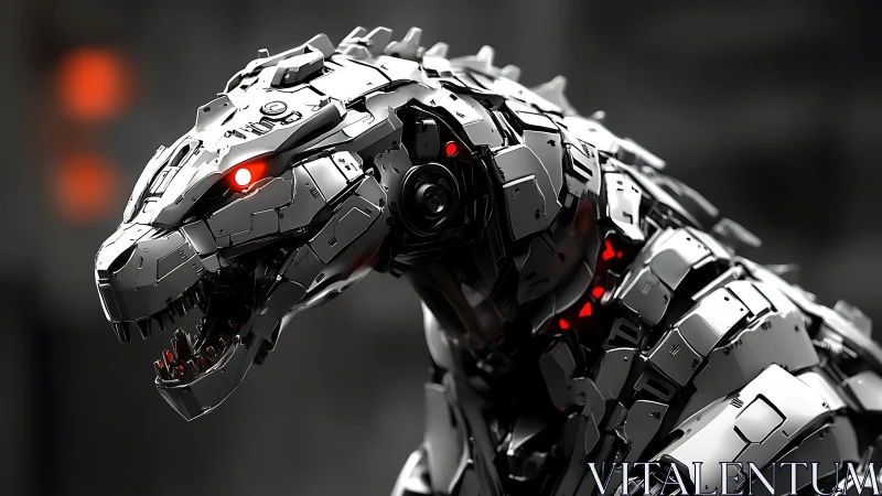 Chrome-plated mech dragon leans forward with molten red glare