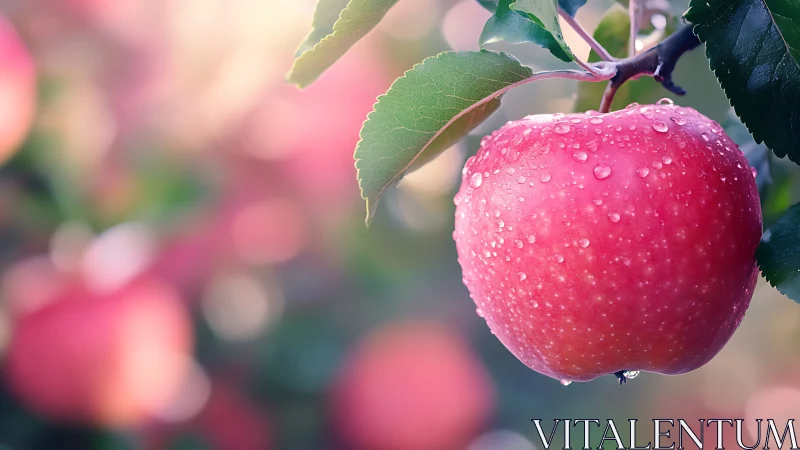 Ripe red apple hangs with dew against soft pastel bokeh