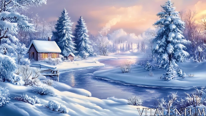 Snow-dusted riverside cabin glowing in winter hush.
