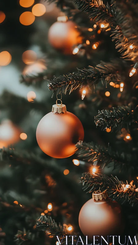 Copper baubles on evergreen branches with bokeh illumination.