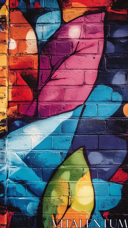 Multicolored leaf graffiti overlays textured brick surface
