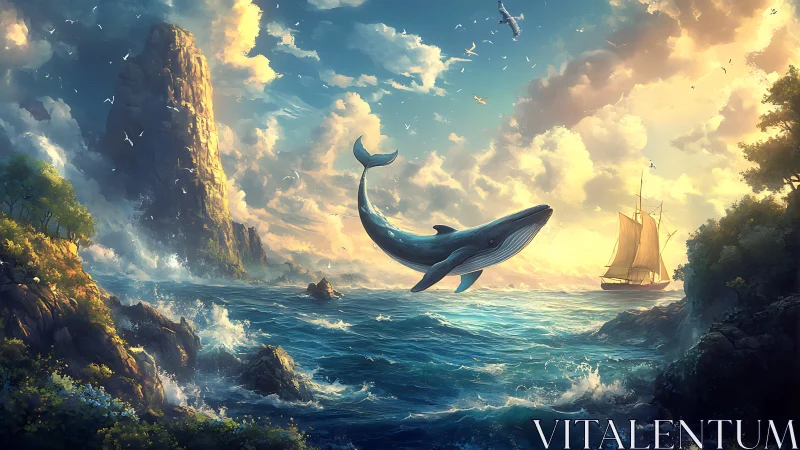 Soaring whale arcs above sunlit seascape at golden dawn