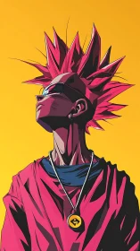 Neon mohawk dreamer gazes skyward in blazing cyber sun.