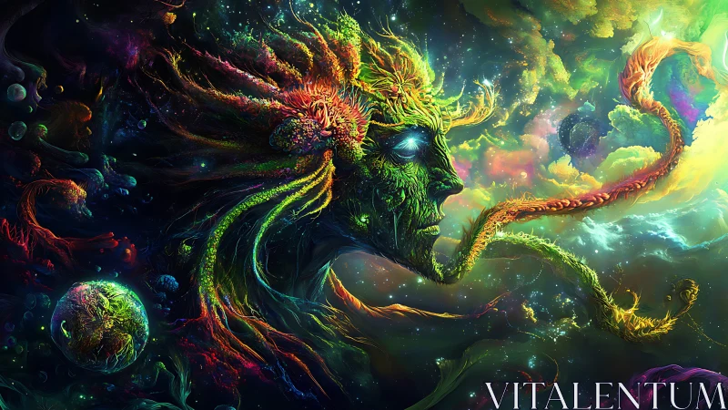 Cosmic forest spirit merges with nebula lit galaxies.