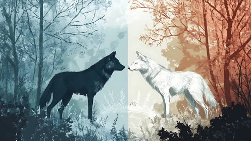 Two wolves stand face to face in a split forest scene
