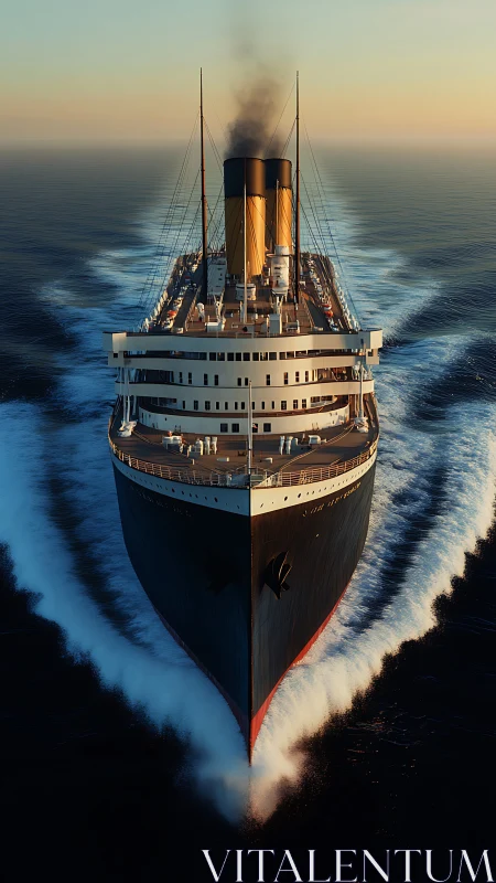 Majestic ocean liner cuts calmly through golden evening sea