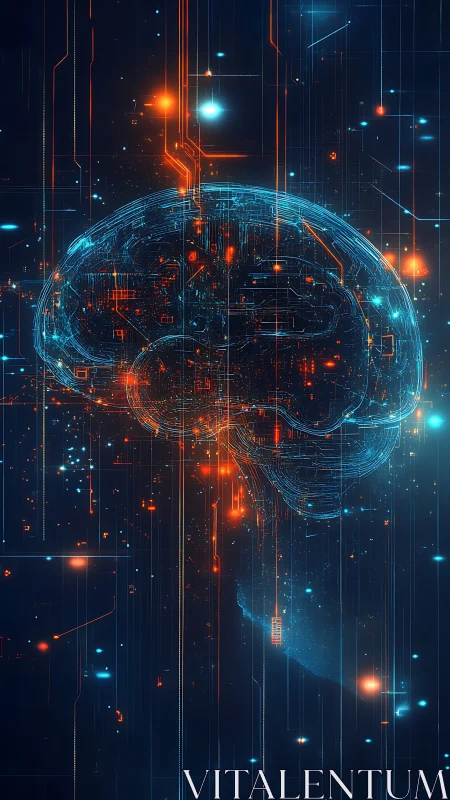 Neon digital brain glows within dense cybernetic data grid