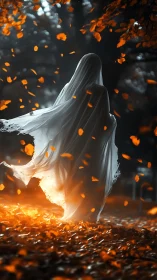 Veiled human figure in autumn forest with glowing leaves.