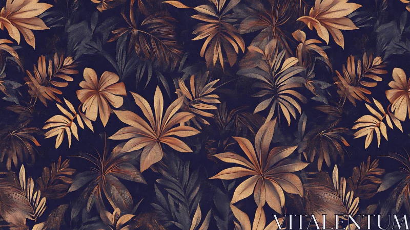 Muted copper tropical foliage pattern uses layered digital brushwork