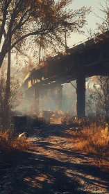 Sunlit overpass shadows cross autumn wasteland path.