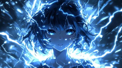 Electric blue haired anime girl framed by crackling lightning