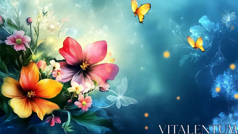 Floral arrangement with butterflies and luminescent background elements.