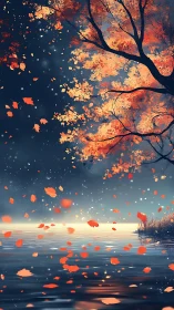 Autumn leaves drift over twilight lake in serene silence
