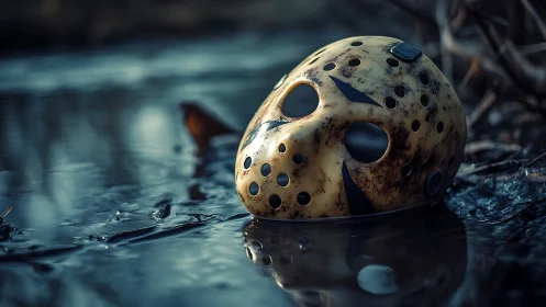 Weathered hockey mask lies abandoned in dark swamp water