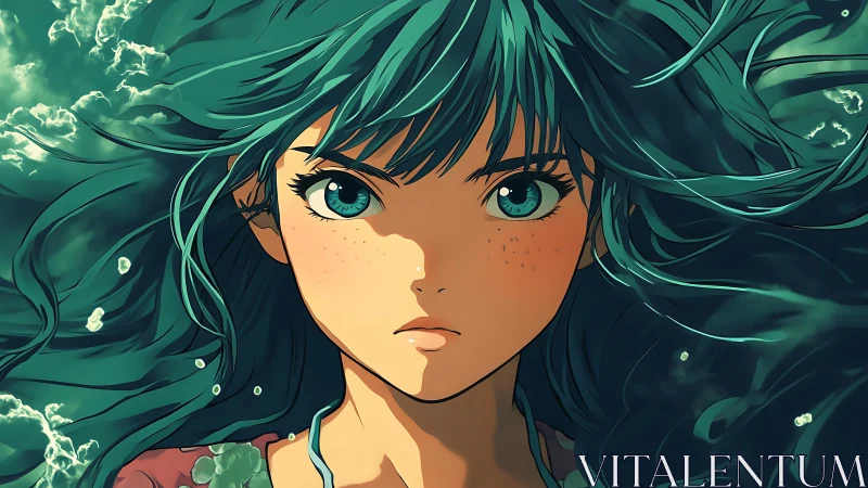 Determined anime heroine framed by dynamic aqua-toned currents