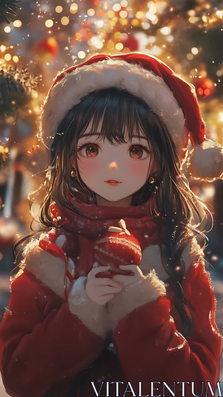 Girl in Santa outfit holds ornament before blurred lights