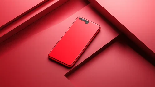 Bold red smartphone resting in a sleek modern setting.