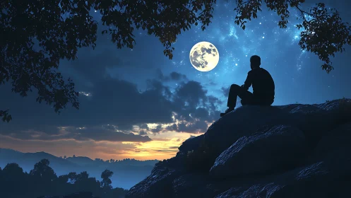 Silhouetted figure watches full moon over twilight valley