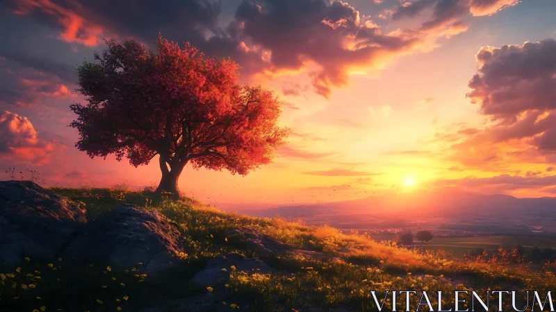 Solitary blossom tree over sunlit valley at radiant sunset.