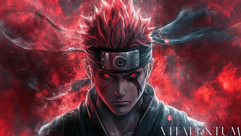 Red-eyed ninja stands in swirling crimson smoke