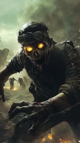 Undead soldier lunges through smoky battlefield with neon eyes.