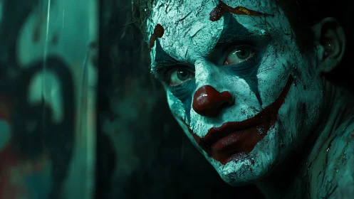 Clown face close-up with smeared makeup in dim lighting.