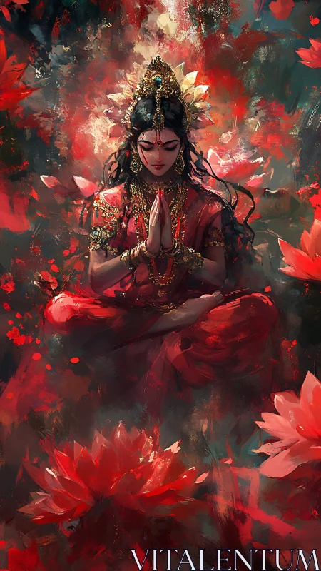 Divine meditating goddess levitating amid crimson lotus bloom