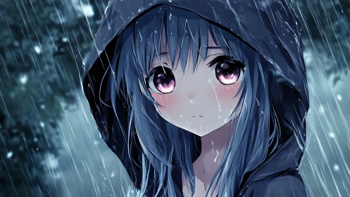 Soft-eyed girl in the rain wrapped in a quiet blue hood.