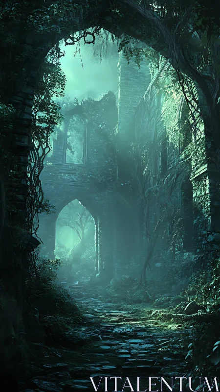 Overgrown stone ruins with archway in misty green light.