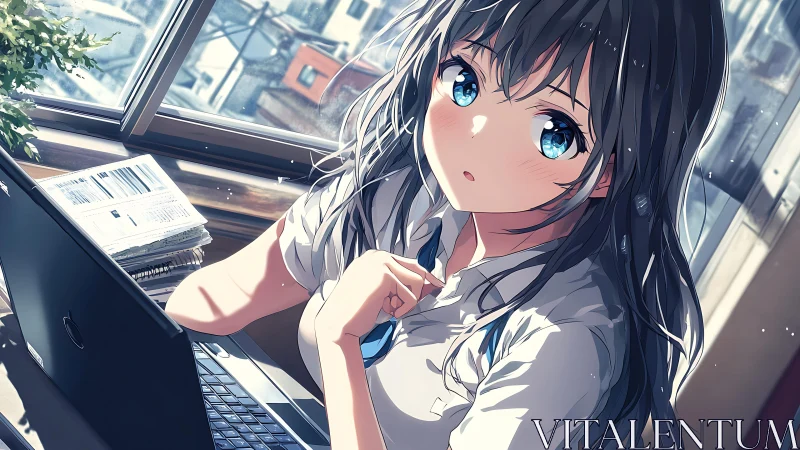 Anime schoolgirl sits at laptop beside window in bright room