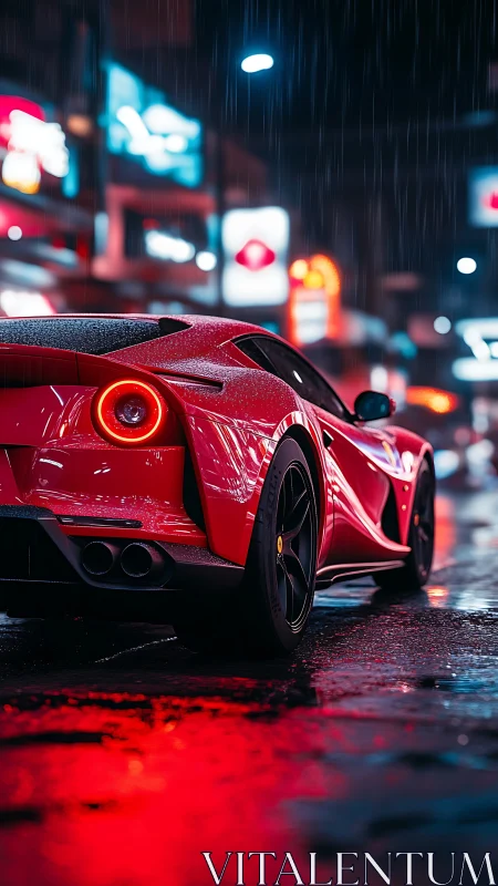 Red sports coupe on wet neon city street at night.