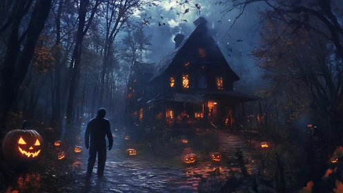Moonlit jack-o’-lantern gauntlet guards a haunted forest manor.